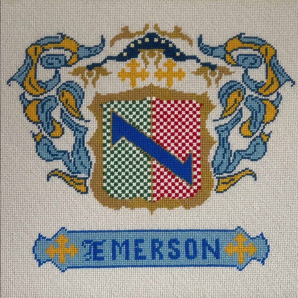 Stunning Emerson Crest Cross Stitch Professionally Framed 20.5” W x 18.5” Tall